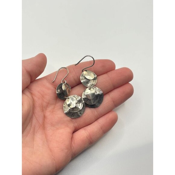 925 Sterling Silver Dangle Earrings With Engraved Textured Circles - Picture 6 of 8